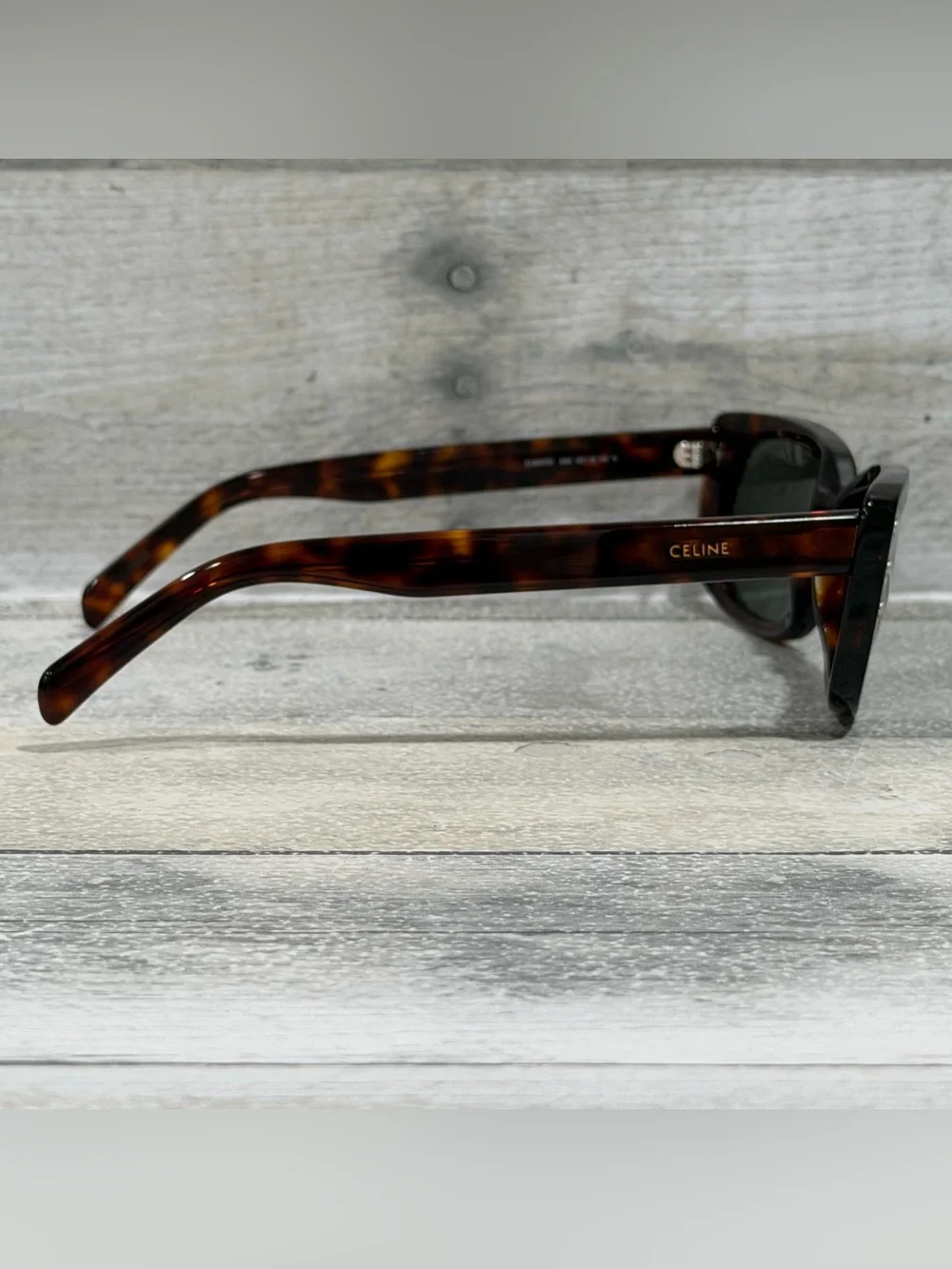 CELINE Paris Tortoiseshell Acetate Sunglasses with Green Lenses and Case
